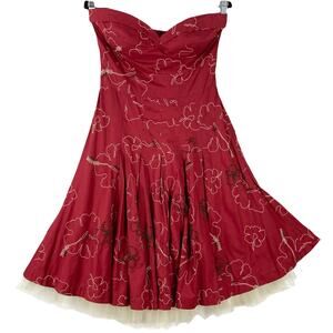 NWOT TIBI Dress 8 Merlot Beads Embroidery FitFlare Pleated Sweetheart-CuffedNeck